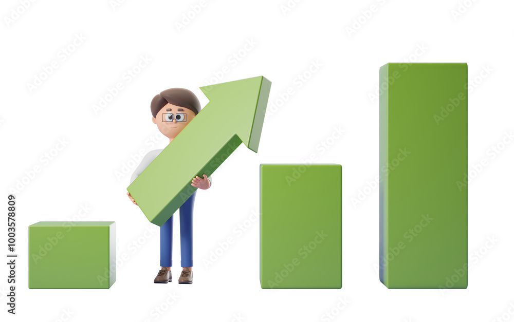 Poster 3d character holding an upward arrow with bar graph elements. isolated on a white background. concep