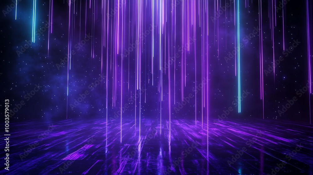 Poster colorful neon lights create an immersive digital environment with beams and reflections in a dark sp
