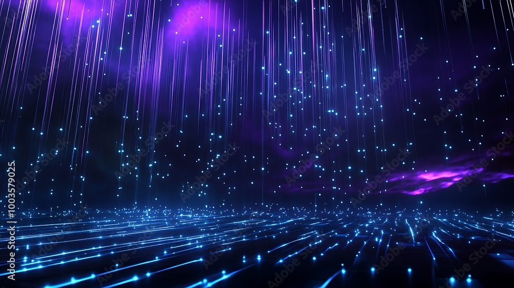 Aufkleber digital abstract background with glowing lines and particles in blue and purple colors that create a
