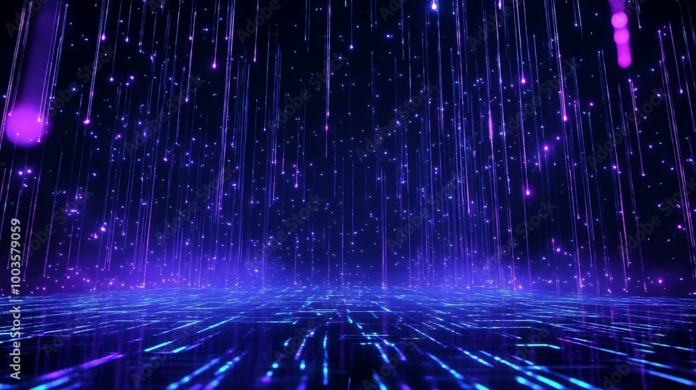 Poster digital landscape with neon lights and data streams creating a futuristic atmosphere.