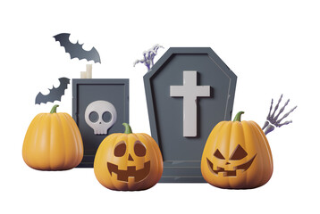 Halloween pumpkins, tombstones, skeletons, and bats on a white background. 3D rendering. Halloween concept