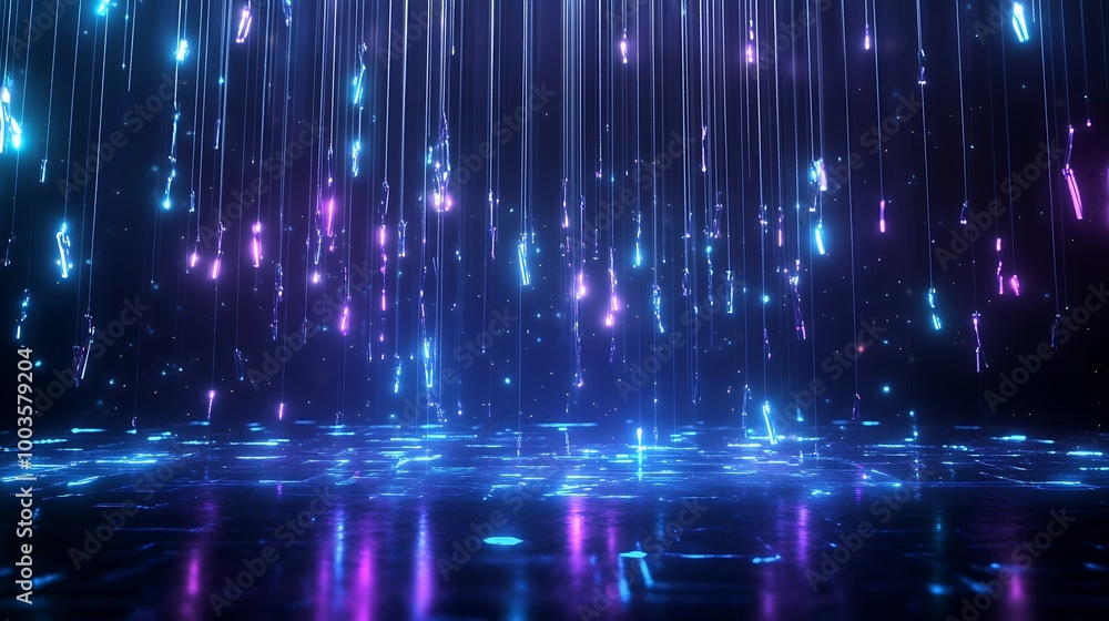 Poster dynamic light display with vibrant colors and flowing patterns, creating an abstract digital atmosph