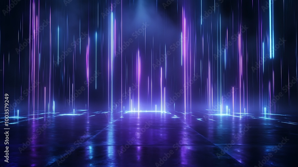 Poster dynamic neon light beams create a futuristic atmosphere with vibrant colors in a dark, mysterious se