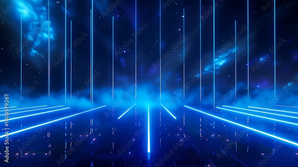 Poster futuristic abstract background with blue light beams extending into cosmic space, creating a digital