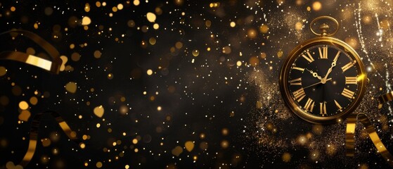 Golden Clock with Confetti on Black Background.