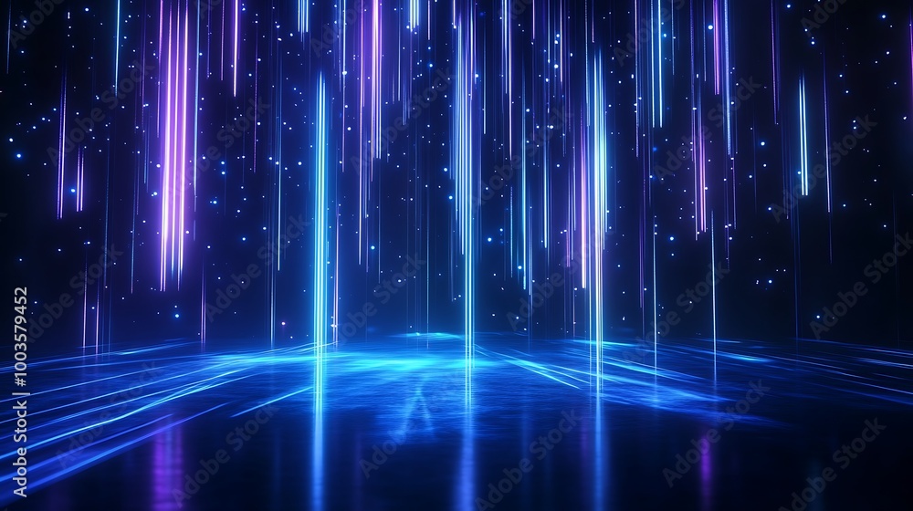 Poster futuristic abstract light rays in vibrant colors creating a dynamic visual effect over a dark backgr
