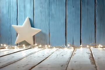 Rustic wood table with Christmas decoration featuring stars and string lights