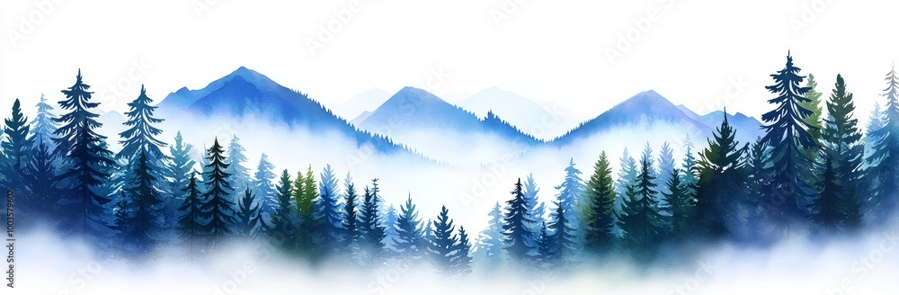 Poster foggy spruce forest with fir trees isolated on white background. seamless pattern.