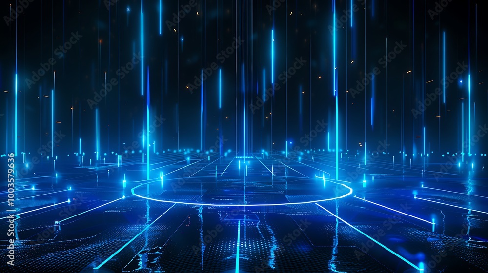 Poster futuristic blue digital abstract background with glowing lines and shapes, creating a tech-inspired 
