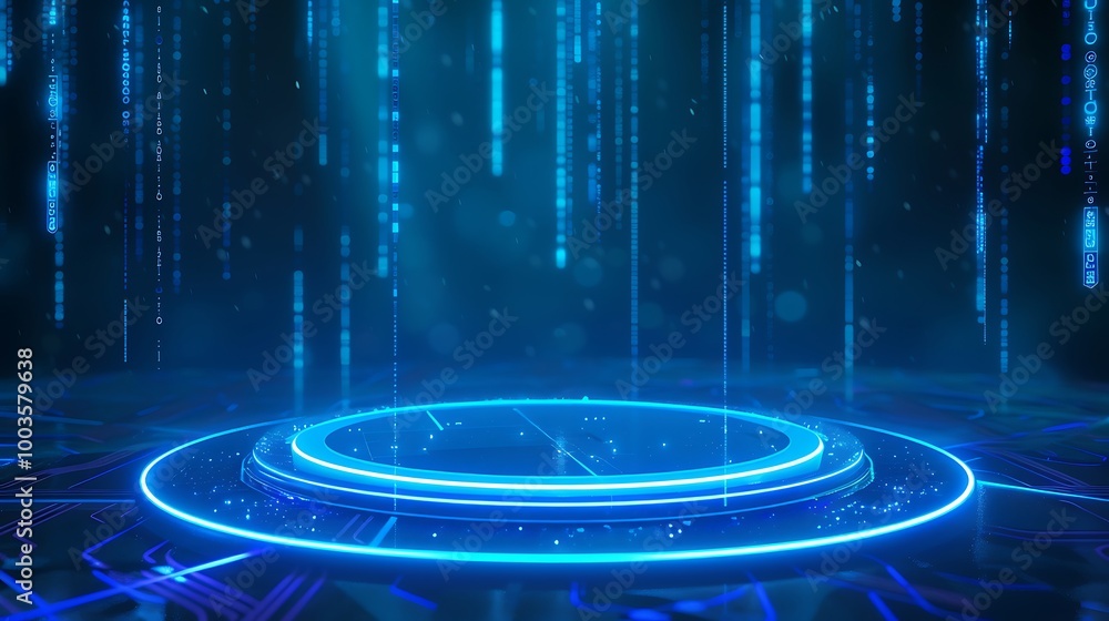 Poster futuristic blue digital backdrop with glowing circular platform and cascading light effects.