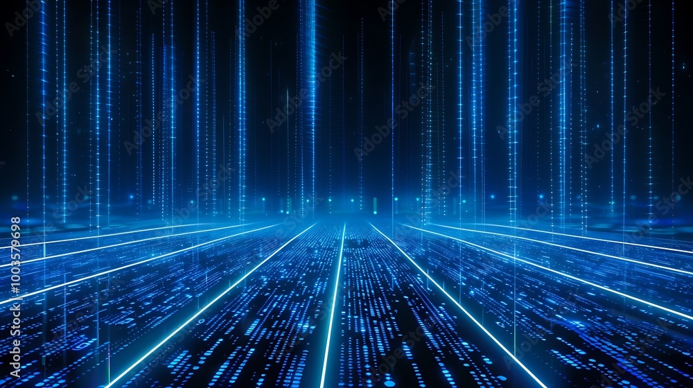 Poster futuristic blue digital data stream with glowing lines and matrix-like elements.