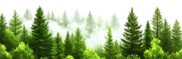 Fototapeta premium Foggy spruce forest on white background. Isolated fir trees.