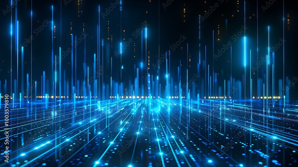 Poster futuristic blue digital landscape with glowing lines and particles, creating a sense of depth and hi