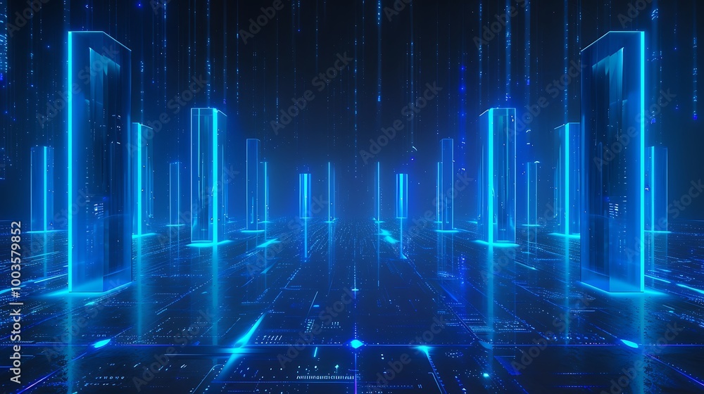 Poster futuristic blue digital landscape with vertical lights and grid patterns, creating a sci-fi atmosphe