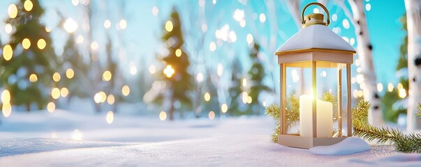 Fototapeta premium Winter Landscape with a Christmas Lantern and Fir Branch.