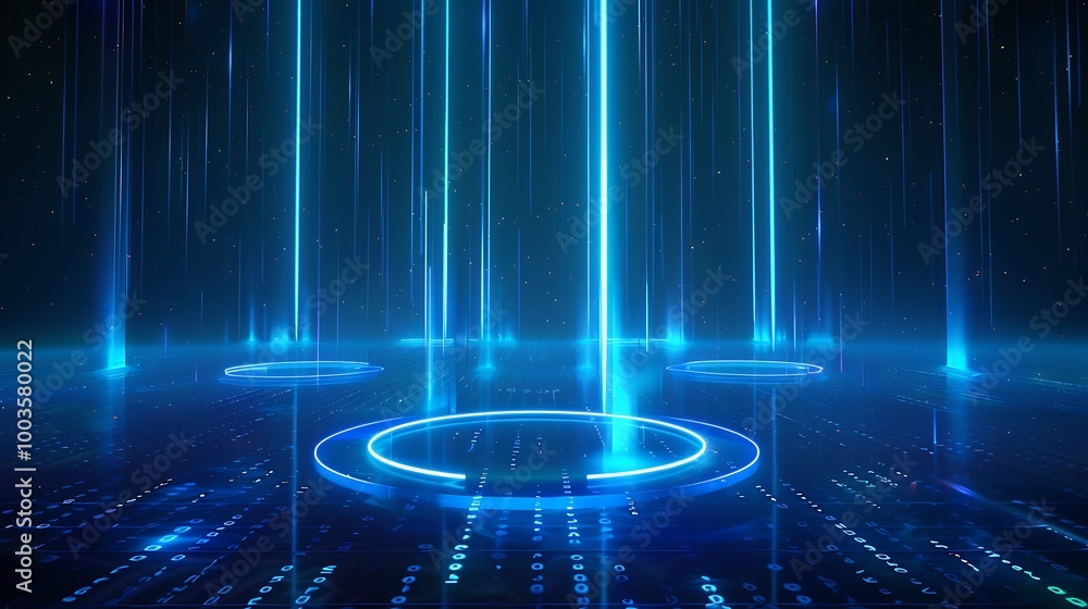 Poster futuristic blue light beams and circular data patterns create a digital environment.