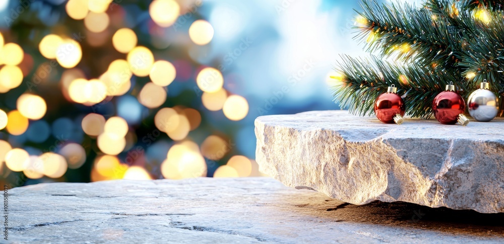 Poster an empty white wood table top surrounded by a blur background of christmas tree string lights with s