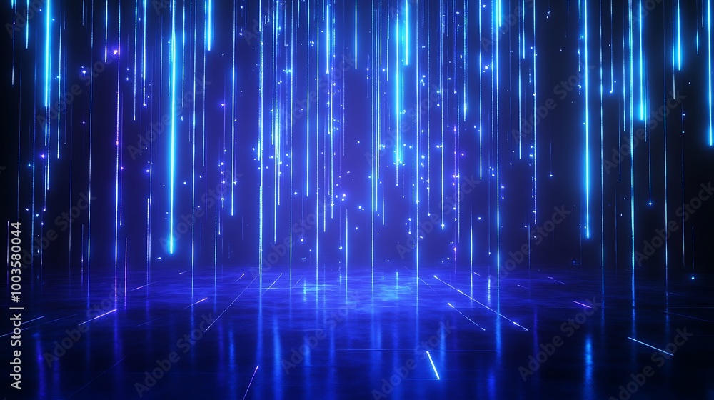 Poster futuristic blue light beams cascading in a digital environment, creating an immersive visual effect.