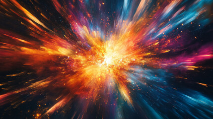 Naklejka premium A dynamic burst of colors and abstract shapes emerging from a single point, symbolizing the spark of innovation and new ideas