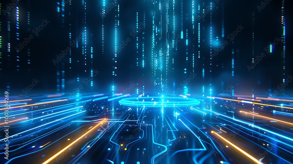 Poster futuristic digital backdrop with glowing blue lines and circuit patterns, creating a sci-fi atmosphe