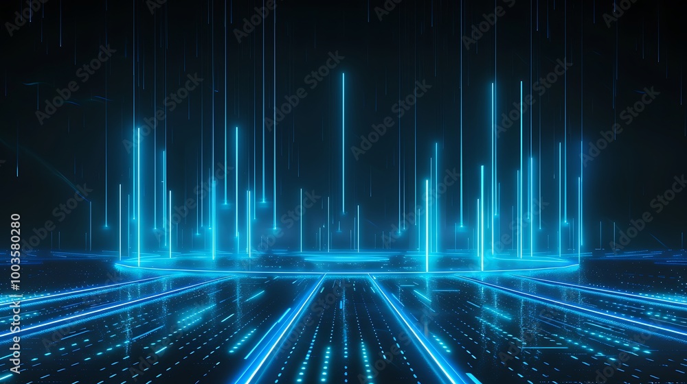 Poster futuristic digital abstract background with glowing blue lines and vertical bars on a dark backdrop.