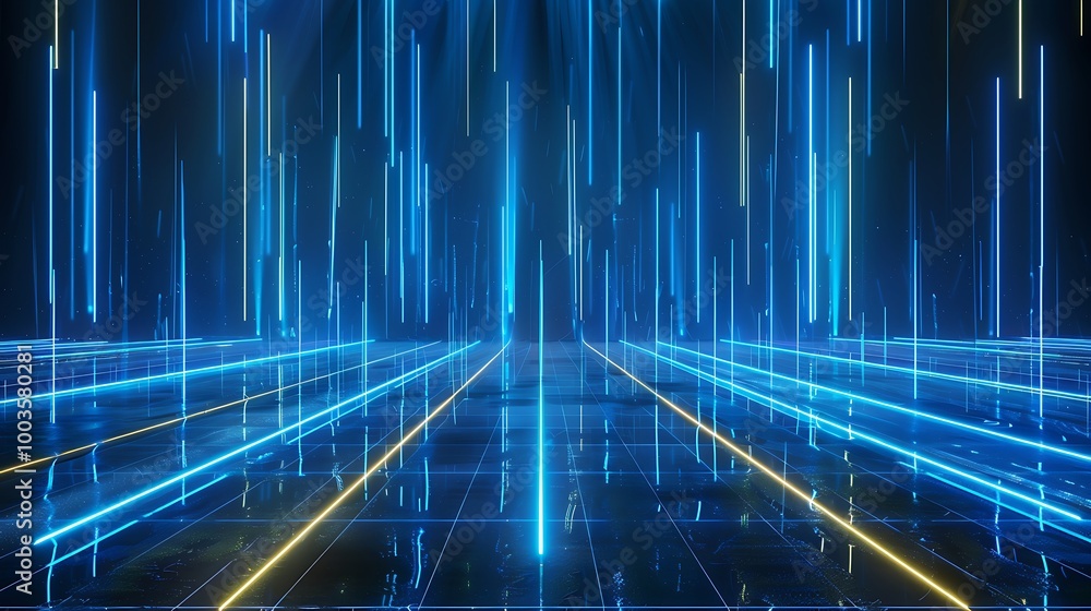 Poster futuristic digital background with blue and yellow light streaks in a grid pattern, creating a high-