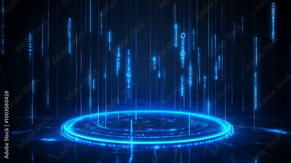 Poster futuristic digital background with glowing blue circular patterns and data streams.