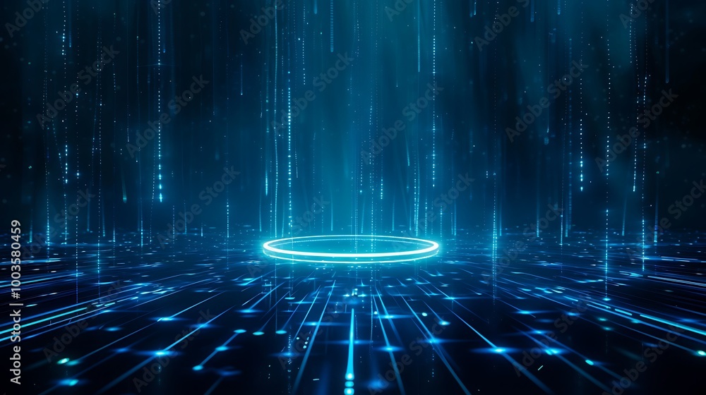 Poster futuristic digital background with glowing blue lines and a circular center, representing advanced t