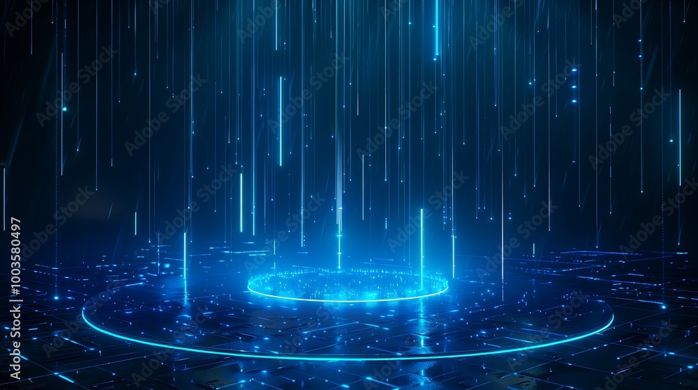 Poster futuristic digital background with glowing blue lines and particles illuminating a circular space.