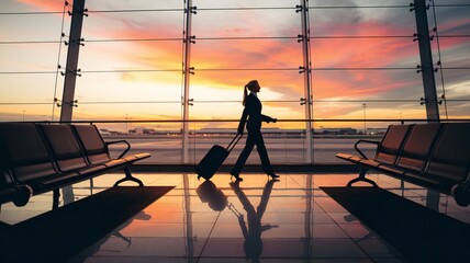 Silhouette of a business woman with carry-on luggage walking through an empty airport terminal overlooking an empty tarmac at sunset