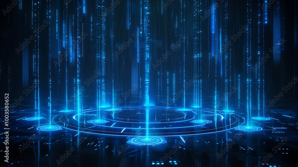 Poster futuristic digital interface with blue glowing lines and patterns, symbolizing advanced technology a