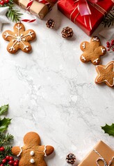 On a white background are gingerbread cookies, gift boxes, branches of holly and red berries. Winter festive nature concept. Flat lay, copy area.