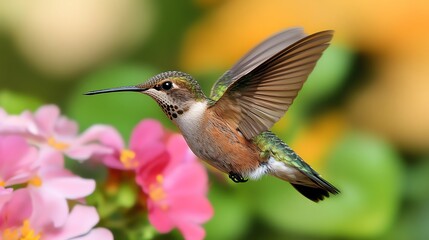 Fototapeta premium Intimate moment of a hummingbird mid-flight, vivid colors of petals surrounding, droplets of nectar glistening like jewels, showcasing natures elegance