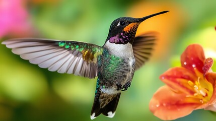 Fototapeta premium Intimate moment of a hummingbird mid-flight, vivid colors of petals surrounding, droplets of nectar glistening like jewels, showcasing natures elegance