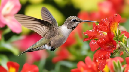 Naklejka premium Hummingbird feeding on red flowers