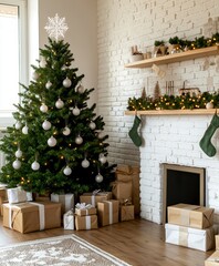 On a white brick wall, a Christmas tree decorated with white balls, garlands, and gift boxes can be seen