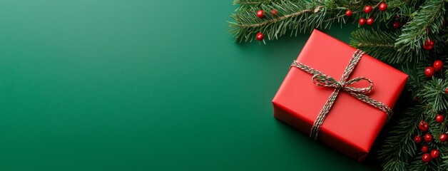 Merry Christmas border with red gifts on green background. Winter holiday. Happy New Year.