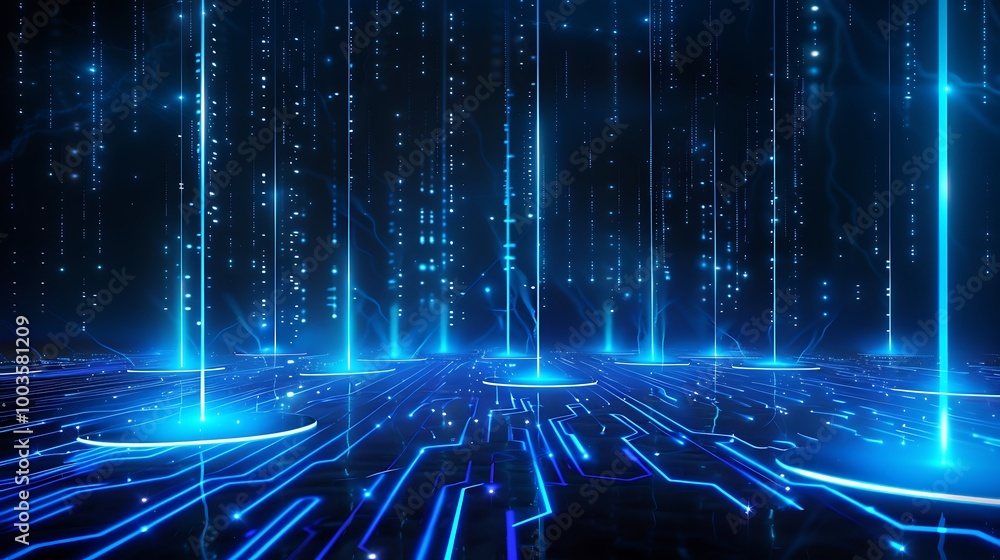 Poster futuristic digital landscape with glowing blue lines and data streams, representing advanced technol
