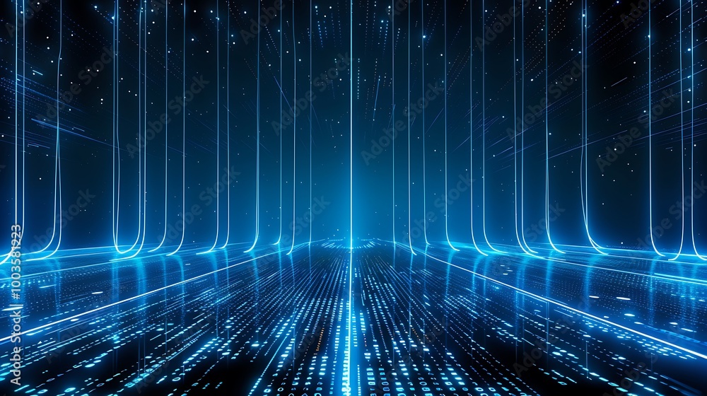 Poster futuristic digital landscape with glowing blue lines and data streams creating a mesmerizing visual 