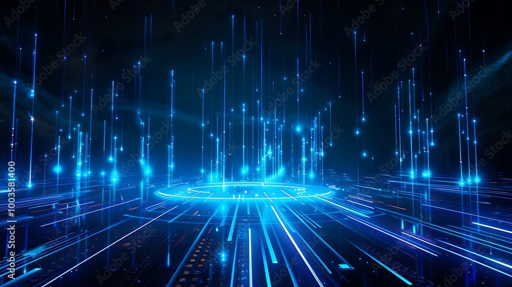 Poster futuristic digital landscape with glowing blue lines and particles creating a dynamic visual effect.