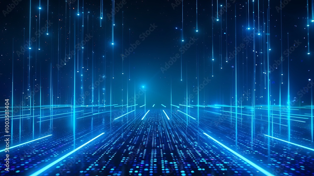 Poster futuristic digital landscape with glowing blue lines and particles creating an immersive virtual exp