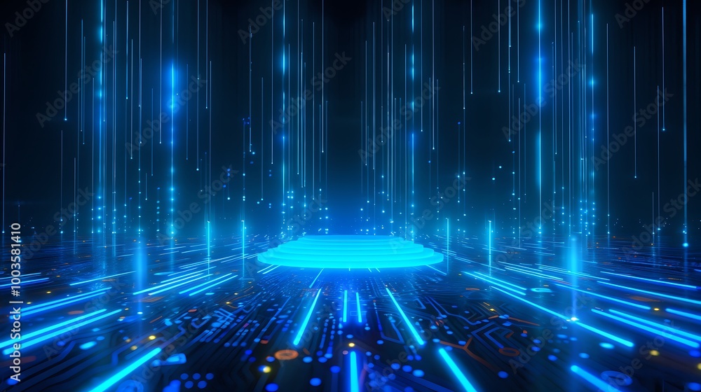Poster futuristic digital landscape with glowing blue lines and particles, creating a vibrant tech environm