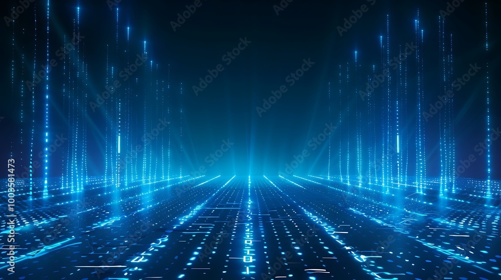 Poster futuristic digital landscape with glowing blue lines and patterns, representing data flow and techno