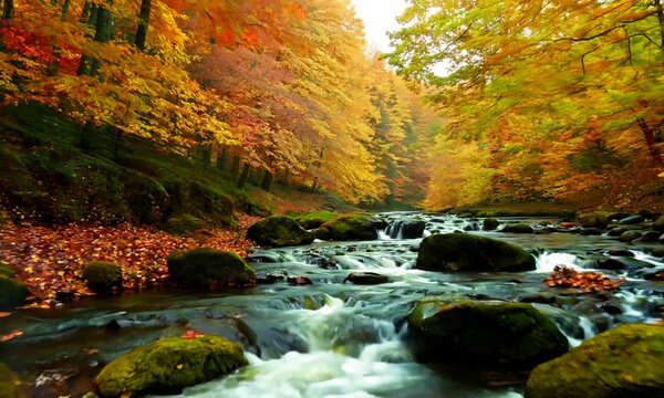 Cozy little babbling stream in the middle of the autumn forest. Generative AI