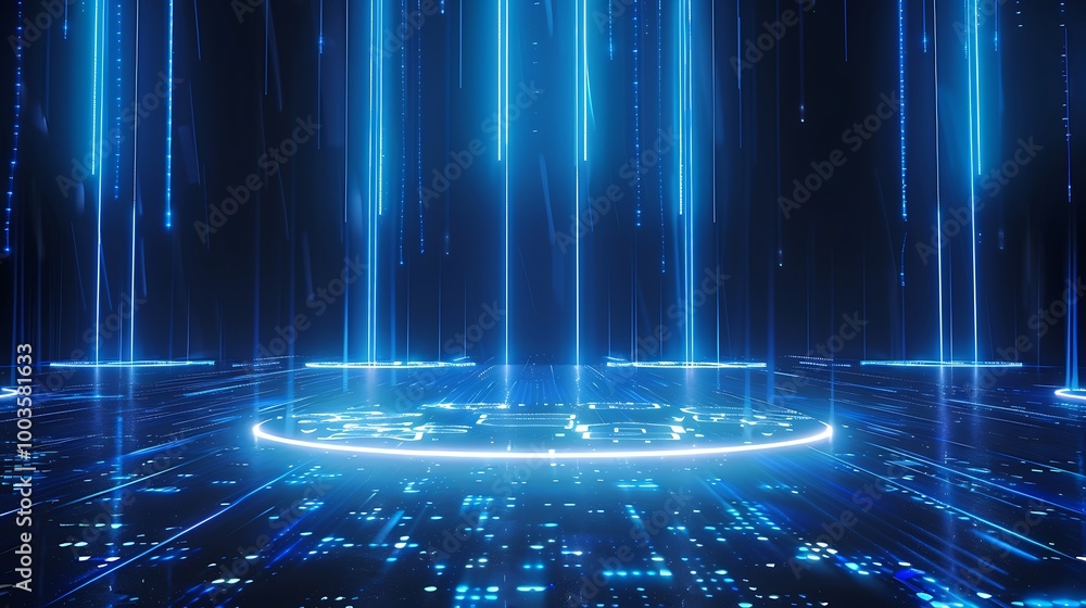 Poster futuristic digital landscape with glowing data streams, ideal for tech-themed projects and visual re