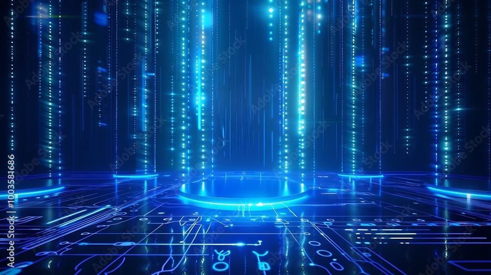 Poster futuristic digital landscape with glowing lines and circles, showcasing a data-centric environment.