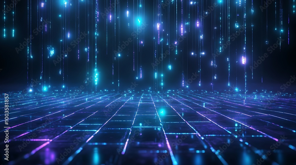 Poster futuristic digital landscape with glowing neon lights and shimmering particles, creating a dynamic, 