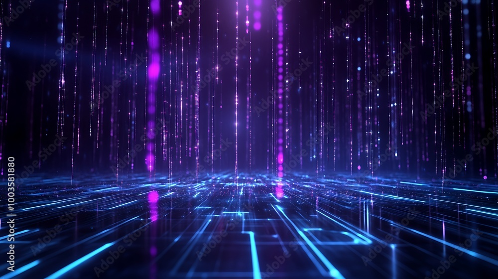 Poster futuristic digital landscape with glowing neon lines and cascading binary code.