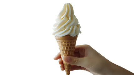 A hand holding a scoop of ice cream in a cone