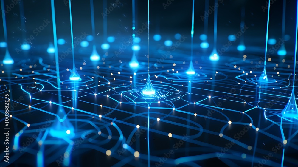 Poster futuristic digital network with glowing blue lines and nodes on a dark background.